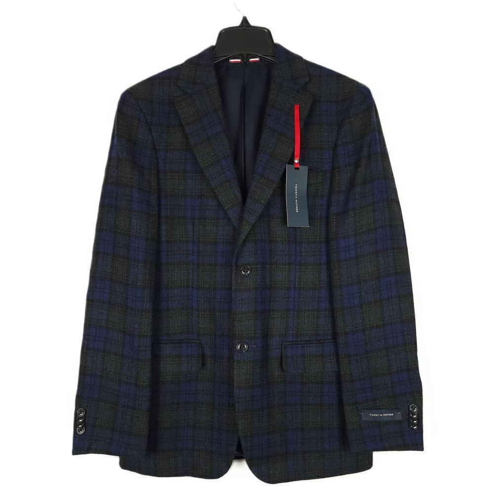 Tommy Hilfiger Mens Modern Fit Wool Sport Coat Blazer 36R Blue Green Plaid NWT